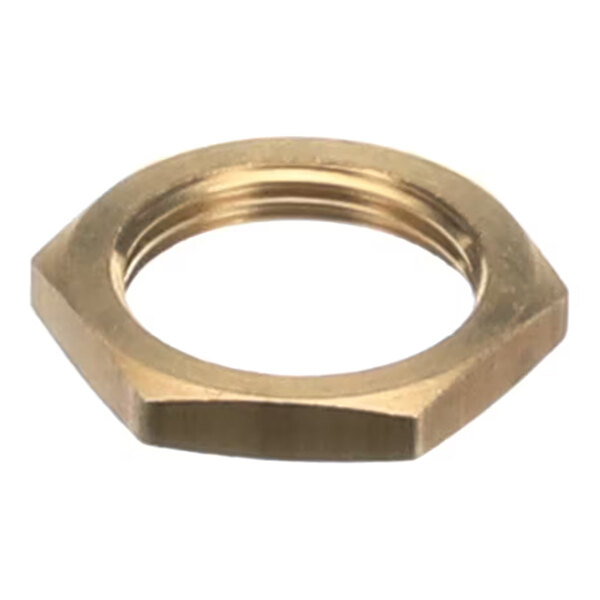 A hexagonal, brass-colored metal lock nut with internal threading.