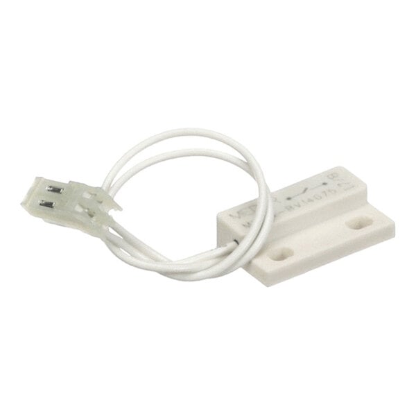 A small white rectangular electronic component with two mounting holes, attached to a pair of white wires ending in a plastic connector.
