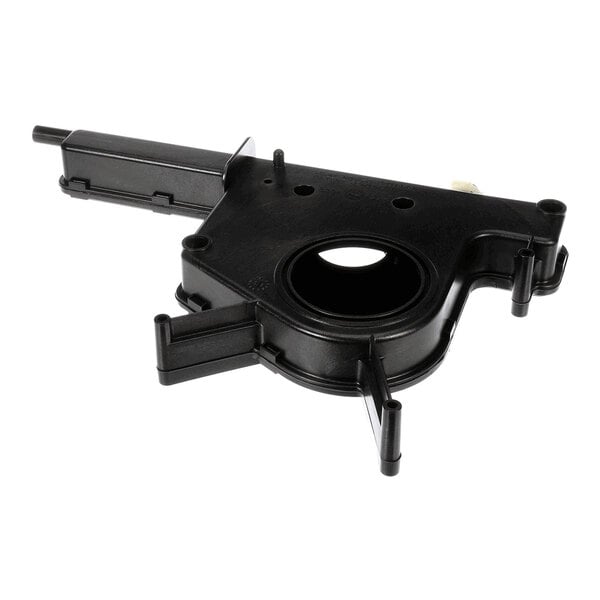 A black plastic component with a circular opening in the center and several protruding tabs and extensions.