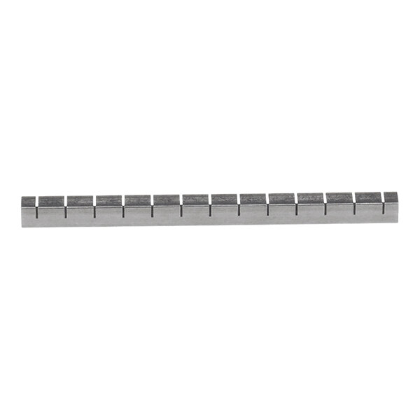 A metal bar with evenly spaced rectangular notches along its length.