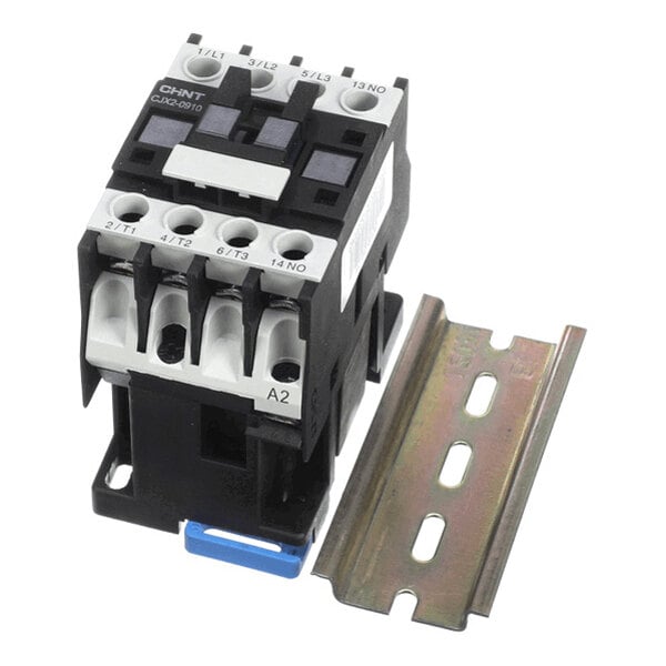 A black and white electrical contactor with labeled terminals is shown next to a metal mounting rail.