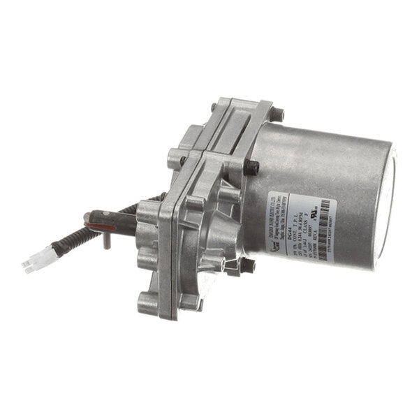 A metallic cylindrical motor assembly with a label, wiring, and mounting bracket visible.