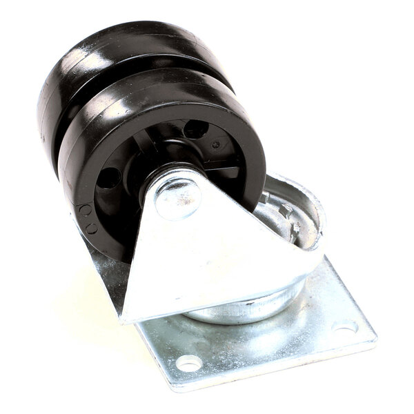 A metal swivel caster with a double black wheel and a mounting plate.