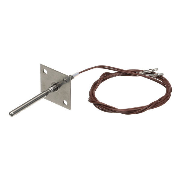 A metal probe attached to a square mounting plate with a long brown wire and connectors.