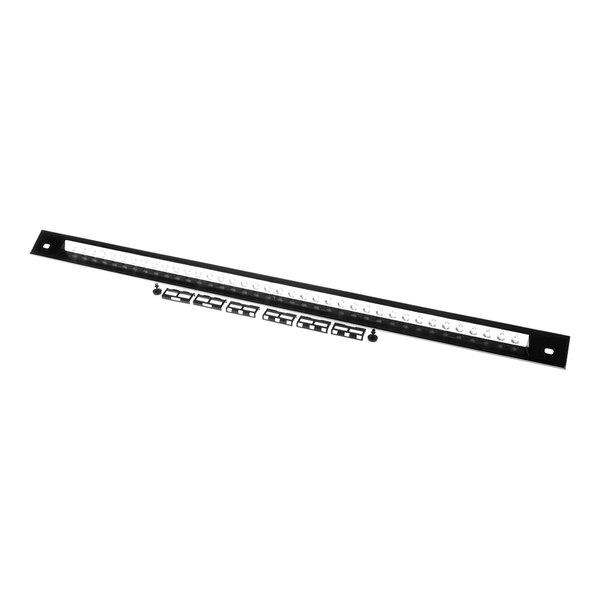 A long, narrow black metal strip with a row of small LED lights and mounting holes at each end.