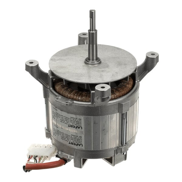 A cylindrical electric motor with a metal housing, visible copper windings, a central shaft, and attached wiring with a white connector.