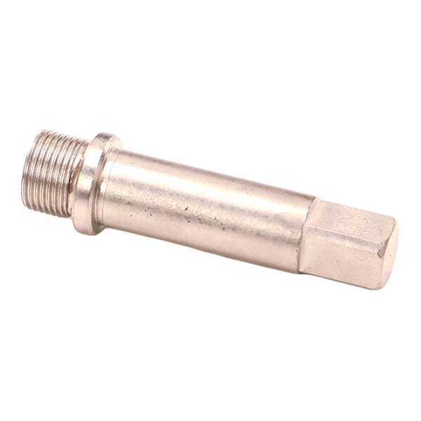 A metallic cylindrical shaft with a threaded end and a hexagonal end, likely used for mechanical or industrial purposes.