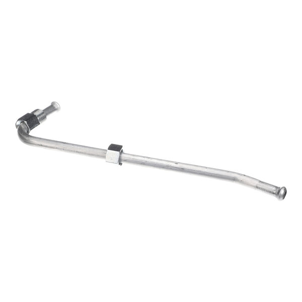 A metal pipe with threaded fittings and a slight bend at each end.