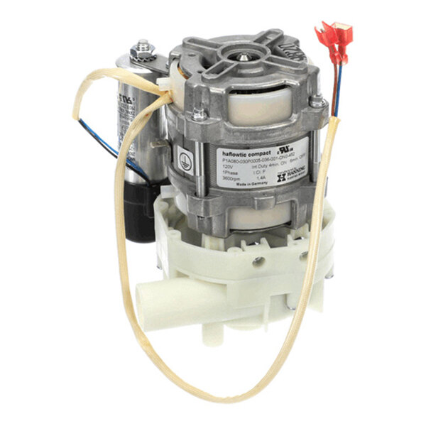 A metallic and plastic pump assembly with attached wires and a label, featuring a cylindrical motor and a white outlet pipe.