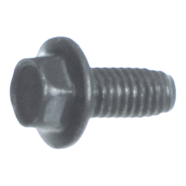 A close-up view of a black, hexagonal head screw with a flanged head and threaded shaft.