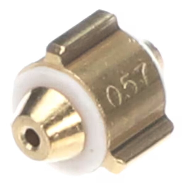 A small brass cylindrical component with a conical tip, a central hole, and a white ring around its base, marked with the number '057'.