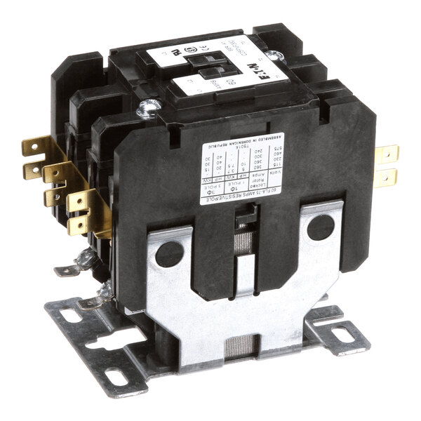 A black and metallic electrical contactor with multiple brass terminals and a mounting base.