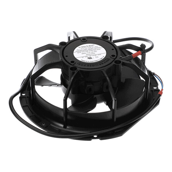 A black circular electric fan assembly with a central motor, multiple blades, protective housing, and attached wiring.