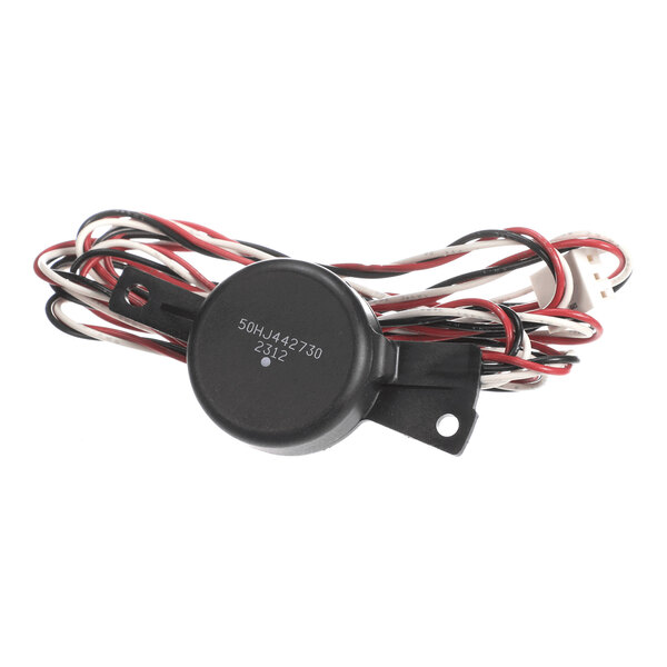 A small black electronic component with two mounting tabs and attached red, black, and white wires ending in a white connector.