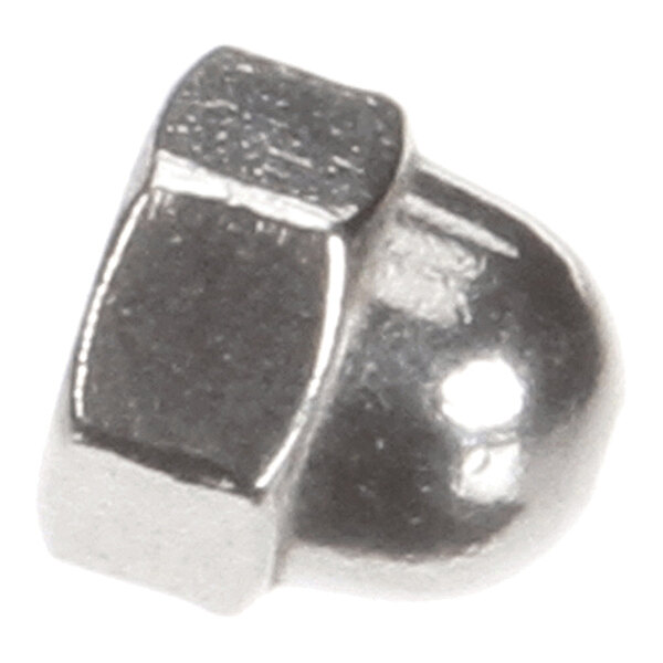 A close-up view of a shiny, metallic acorn nut with a hexagonal base and a domed top.