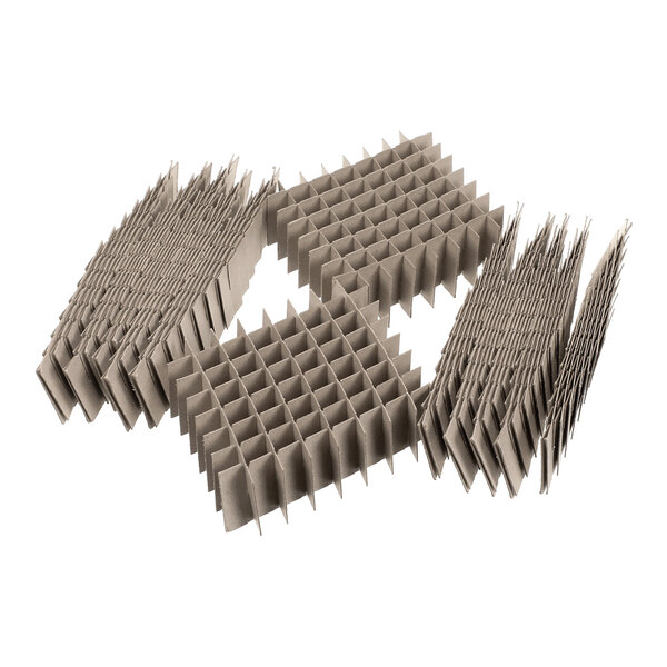 Four sets of cardboard grid dividers with square compartments, arranged in a group on a white background.