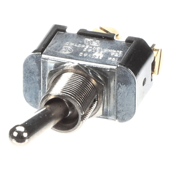 A metal toggle switch with a threaded mounting shaft and three electrical terminals.