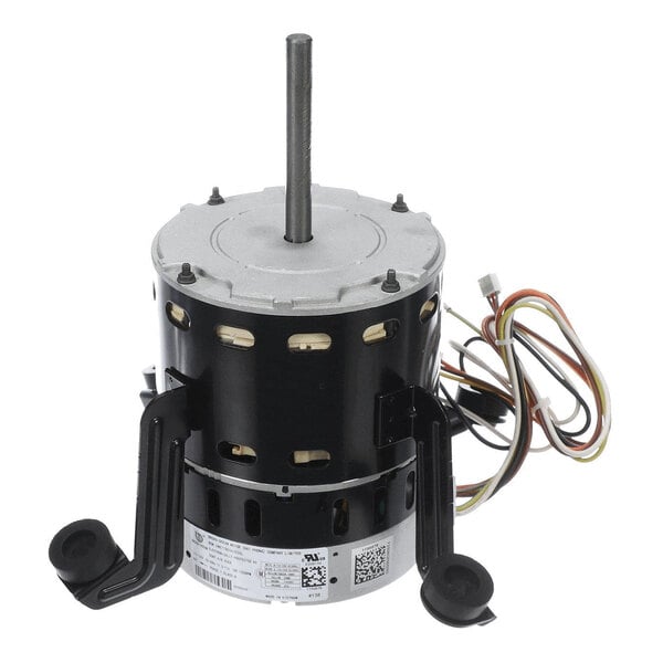 A cylindrical electric motor with a central shaft, attached mounting brackets, and several colored wires extending from the side.
