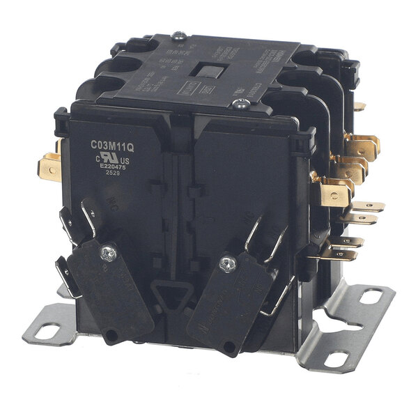 A black electrical contactor with multiple metal terminals and a metal mounting base.
