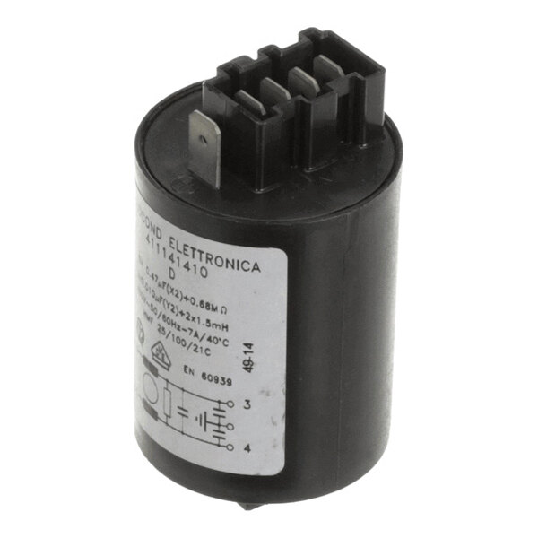 A cylindrical black electronic component with multiple metal terminals on top and a white label with technical specifications and circuit diagram on the side.