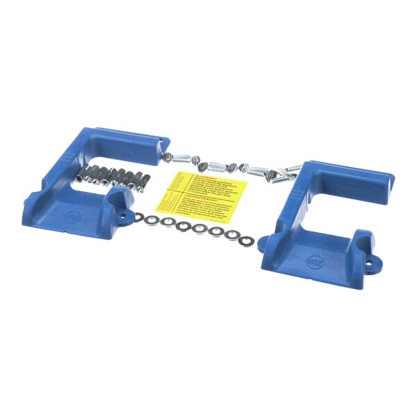 Two blue plastic brackets, several screws, washers, and a yellow instruction sheet are arranged on a white background.