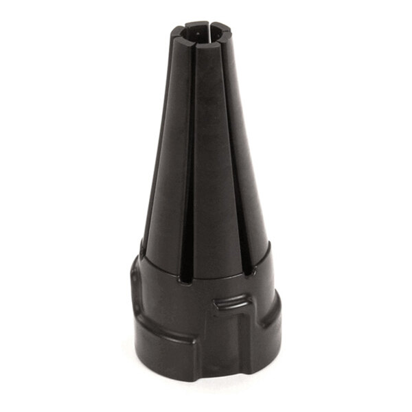 A black, conical plastic component with vertical grooves and a slotted opening at the top, standing upright on a white background.