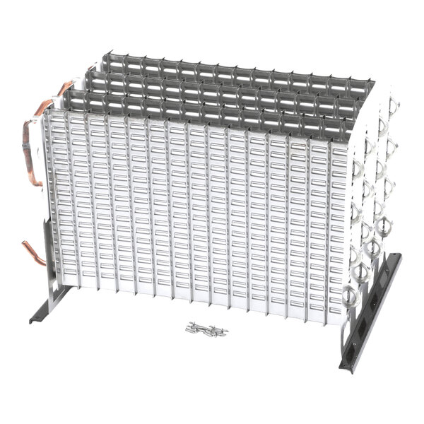 A metallic rectangular structure with multiple horizontal and vertical slots, supported by two black side stands and featuring some attached copper tubing.