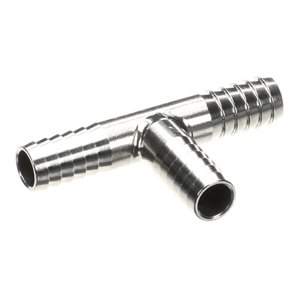 A metallic T-shaped barbed hose fitting with three openings.