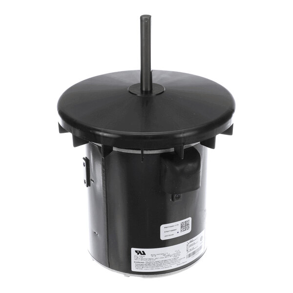 A cylindrical black electric motor with a central shaft and a round top cover, featuring labels and a small attached component on the side.