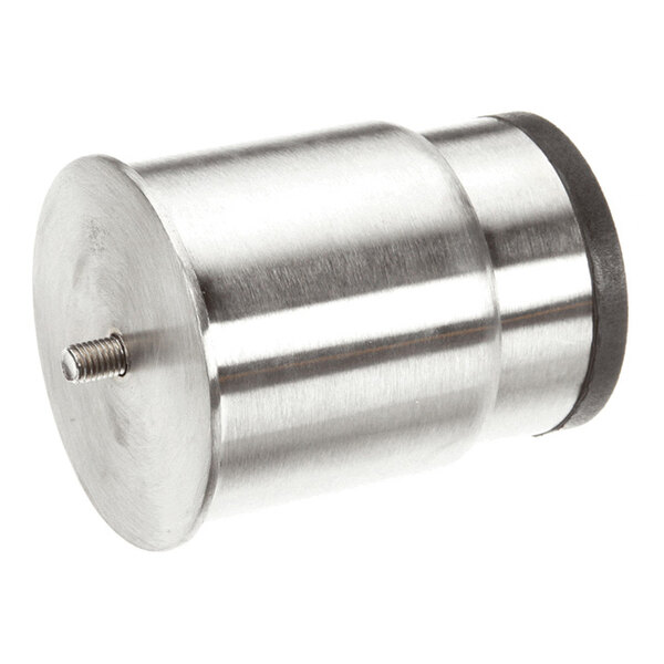 A cylindrical metal component with a threaded stud on one end and a black rubber-like base on the other, likely an adjustable foot or support.