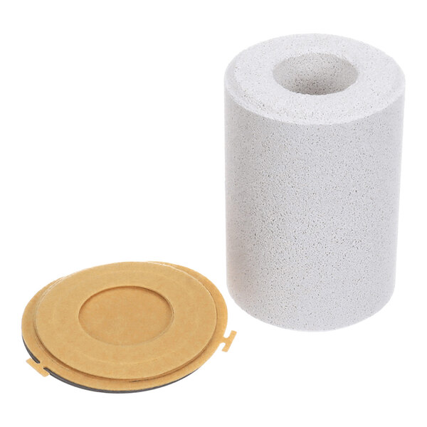 A cylindrical, porous white object with a central hole, shown next to a flat, round, tan disc.
