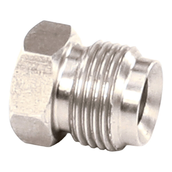 A metallic, hexagonal pipe fitting with external threading and a smooth, cylindrical opening.