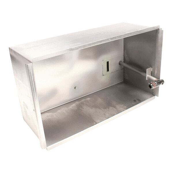 A rectangular metal pan with an open front, a smooth interior, and a cylindrical rod attached to one side.