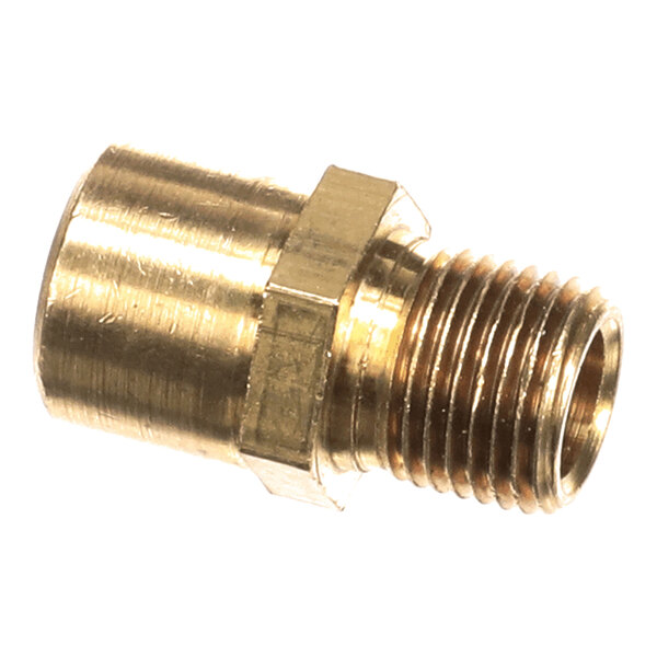 A brass-colored metal fitting with a hexagonal section and external threading on one end.
