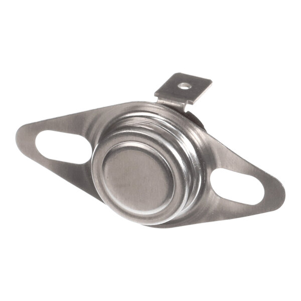 A metallic component with a circular center and two elongated mounting holes on either side, featuring a small tab with a hole for attachment.