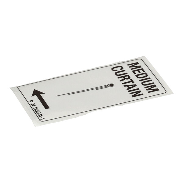 A rectangular label with the text 'MEDIUM CURTAIN,' an arrow, and a part number, printed in black on a white background.