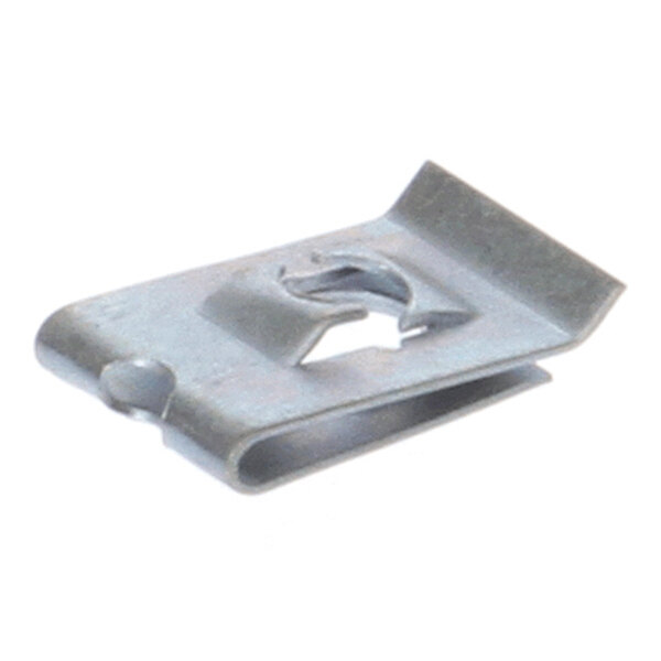 A small, metallic U-shaped clip with a central hole and bent edges, likely used for fastening or securing components.