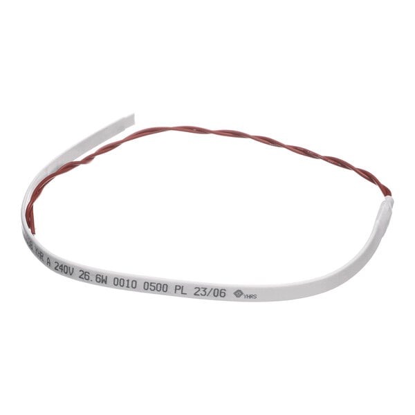 A coiled wire with a white insulated section labeled with technical specifications and a twisted brown wire section.