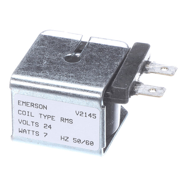 A small metal and plastic electrical component with two prongs and a label indicating specifications such as 24 volts, 7 watts, and 50/60 Hz.