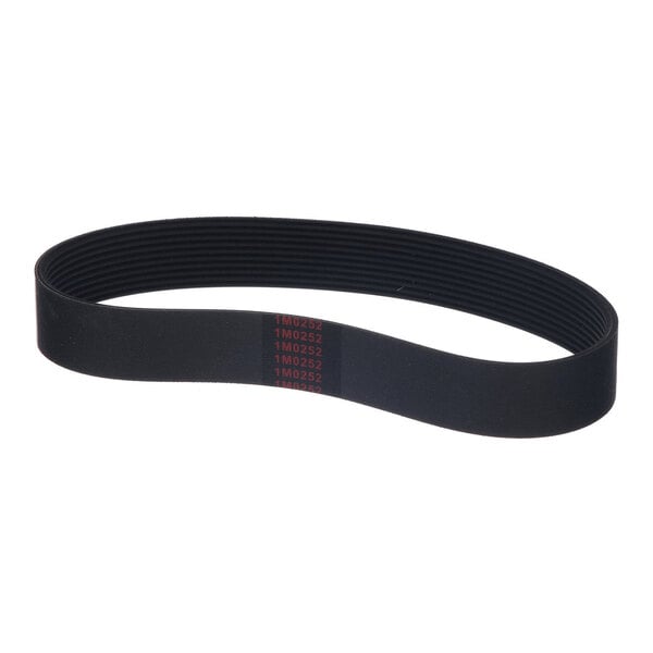 A black, ribbed, looped belt with red text printed on one side.
