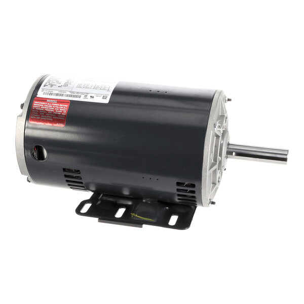 A cylindrical electric motor with a black body, metal mounting base, and a protruding metal shaft.