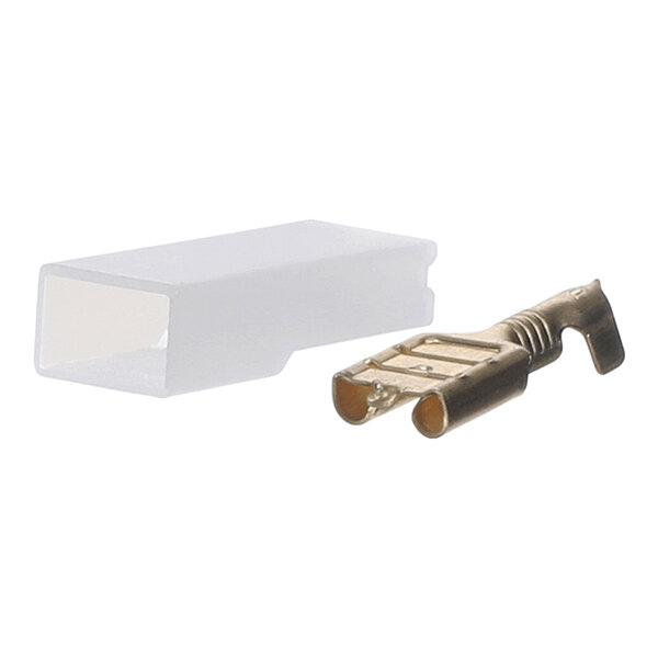 A small metallic terminal and a translucent rectangular plastic insulator are shown side by side on a white background.
