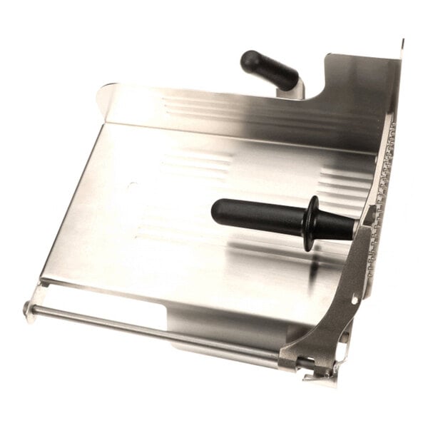 A metal assembly with a flat base, raised edges, two black handles, and a notched guide on one side.