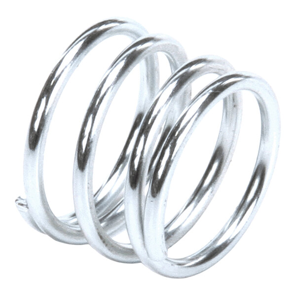 A shiny, metallic helical compression spring with a round cross-section, shown against a white background.