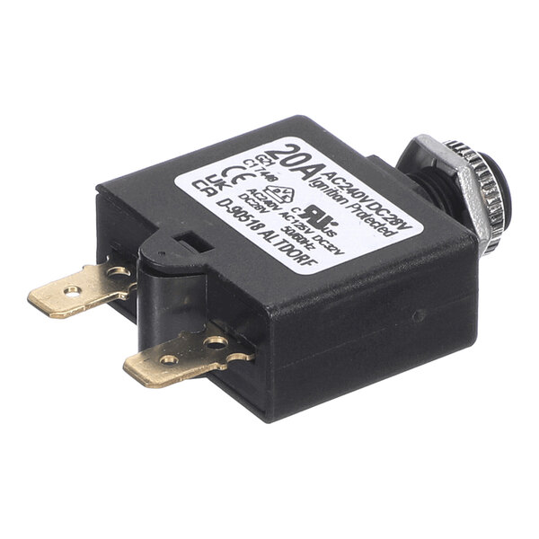 A rectangular black electrical component with two metal prongs, a threaded metal collar, and a white label indicating it is a 20A circuit breaker.