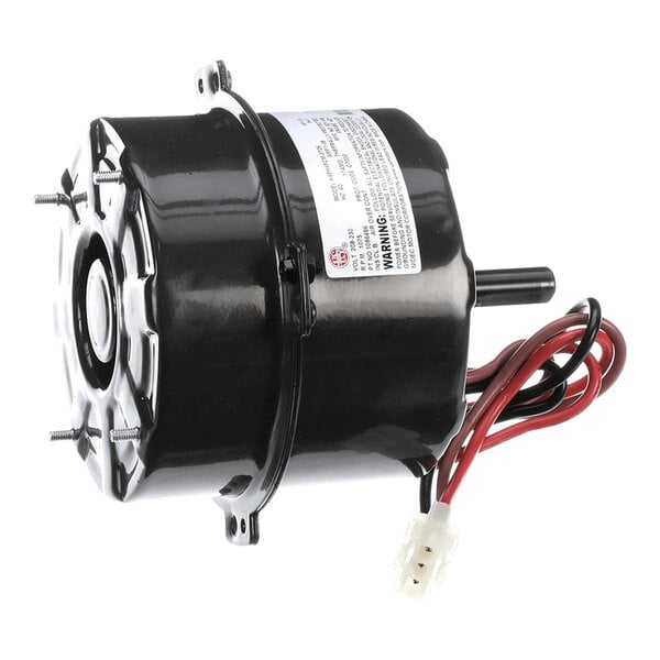 A black cylindrical electric motor with a protruding shaft, mounting brackets, attached red and black wires, and a white connector.