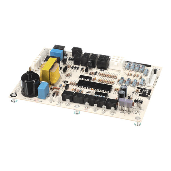 A rectangular electronic circuit board with various components including capacitors, resistors, relays, and connectors mounted on its surface.