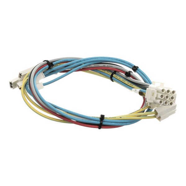 A bundle of multicolored electrical cables with white plastic connectors at each end, secured with black zip ties.