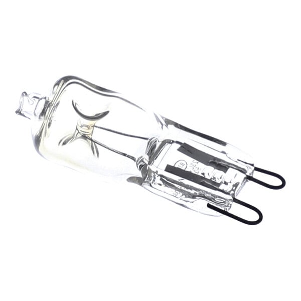 A clear glass halogen bulb with two metal prongs at one end.