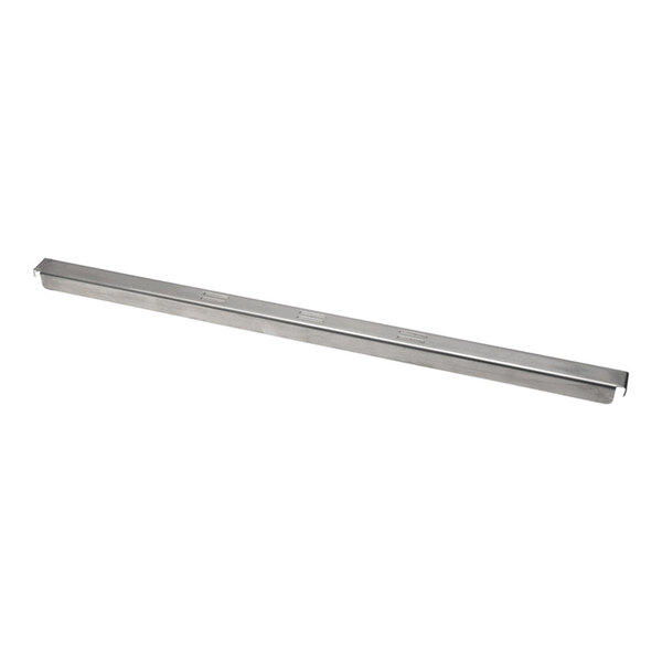 A long, narrow metallic bar with a slight lip on each side, likely used for structural or support purposes.